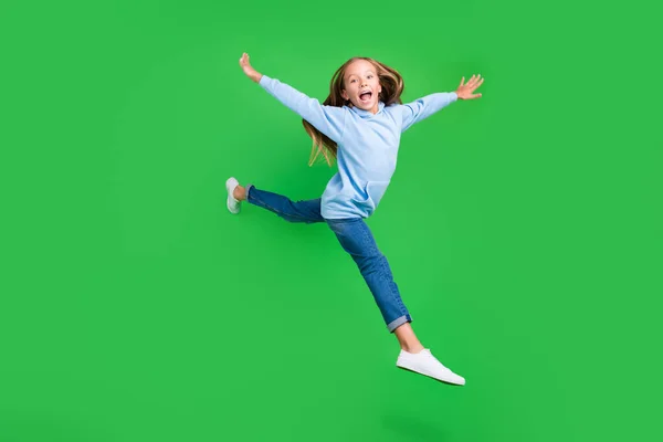 Full Length Photo Sporty Adorable Small Girl Jump Spread Hands — ストック写真