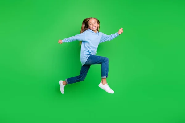 Full Body Photo Cute Little Schoolkid Girl Smile Running Air — Stok Foto