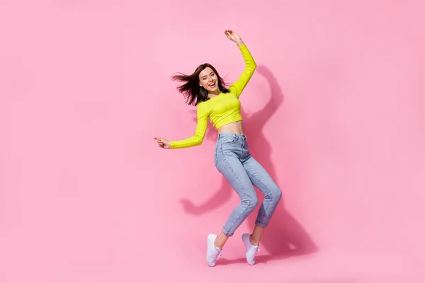 Full Length Portrait Overjoyed Pretty Cute Millennial Lady Rejoice Dance — Stockfoto