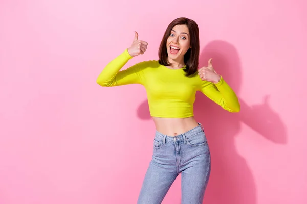 Portrait Crazy Cheerful Person Arms Fingers Demonstrate Thumb Isolated Pink — Stok fotoğraf