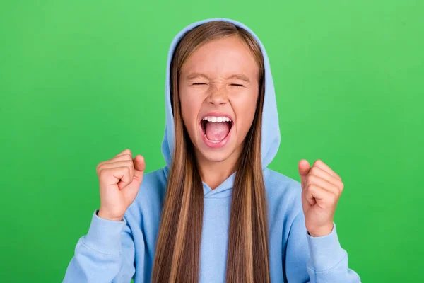 Photo Portrait Sporty Little Girl Raise Hands Scream Win Competition — Fotografia de Stock
