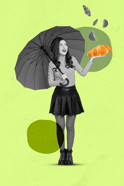 Vertical banner collage of lady sweets rain wear casual cloth isolated on painting green color background.