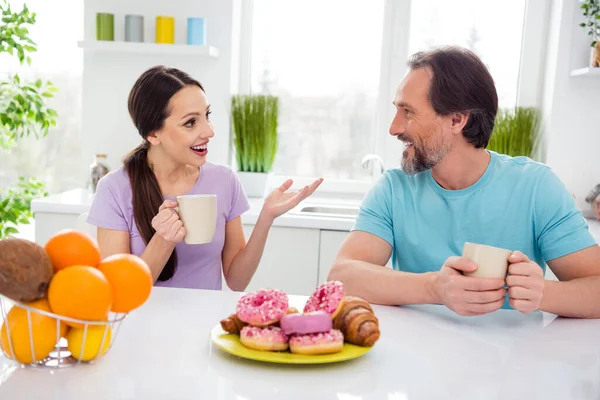 Photo Good Mood Excited Age Boyfriend Girlfriend Wear Shirts Drinking — Stock Photo, Image