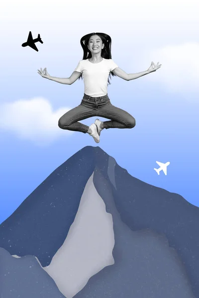 Vertical Collage Picture Positive Girl Black White Effect Flying Mountain — Fotografia de Stock