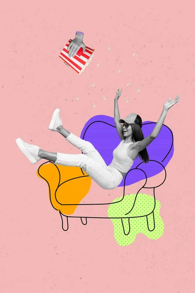 Collage 3d image of pinup pop retro sketch of funny funky lady enjoying home cinema cozy couch sofa isolated painting background.