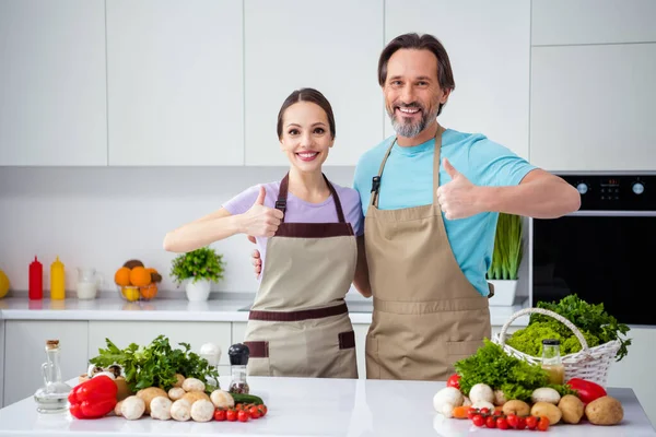 Portrait Two Positive Satisfied People Embrace Hand Finger Demonstrate Thumb — Stockfoto