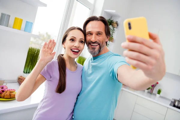 Photo Two Positive Partners Take Selfie Recording Video Arm Palm — Stock Fotó
