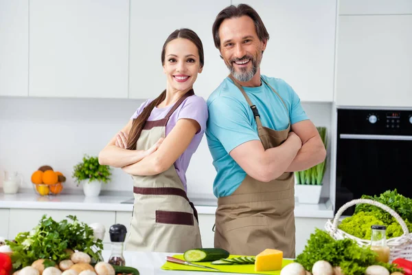 Portrait Two Positive Successful Chef Partners Crossed Arms Toothy Smile — Stockfoto