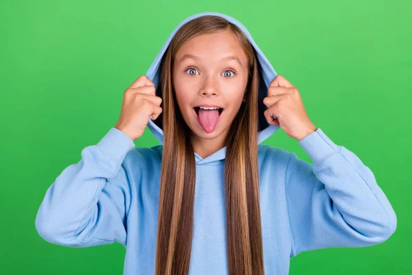 Photo Portrait Funky Naughty Little Girl Hands Touch Hood Tongue — 스톡 사진