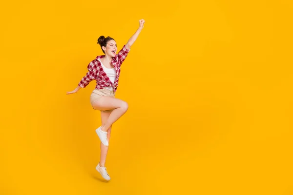 Full Body Portrait Excited Energetic Girl Raise Hand Look Empty — Stockfoto