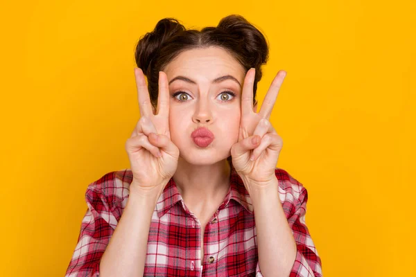 Photo Adorable Lovely Girl Demonstrate Sign Kiss Lips Look Camera — Stock Fotó