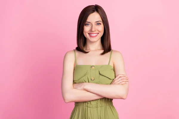 Portrait Attractive Young Nice Woman Dressed Khaki Overall Arms Crossed — Photo