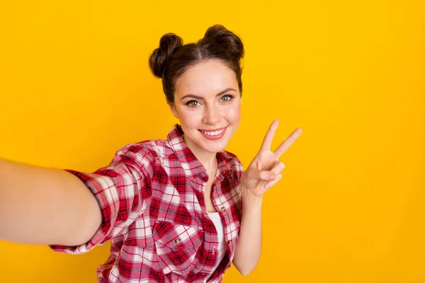 Portrait Positive Lady Greeting Followers Make Sign Selfie Image Isolated — Stockfoto