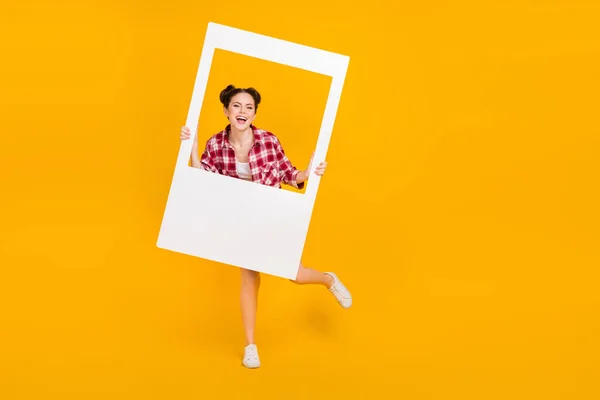 Full Size Photo Youngster Sweet Lady Hold White Photograph Border — Zdjęcie stockowe