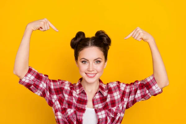 Photo of satisfied nice lady beaming smile direct fingers self look camera isolated on yellow color background.