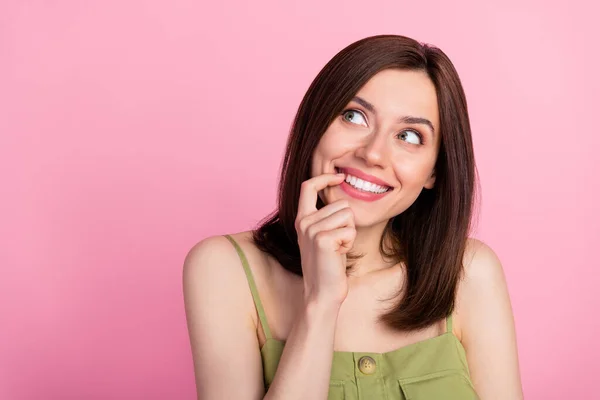 Photo Cute Brunette Lady Finger Mouth Wear Khaki Top Isolated — Stockfoto