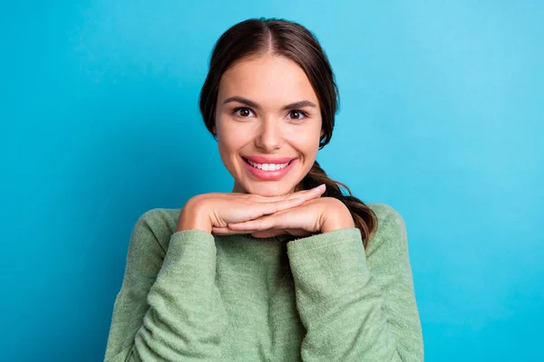 Photo Pretty Positive Person Hands Chin Beaming Smile Isolated Blue — 스톡 사진