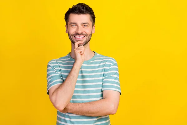 Portrait Young Attractive Guy Wear Blue Shirt Smiling Touch Chin — Foto Stock