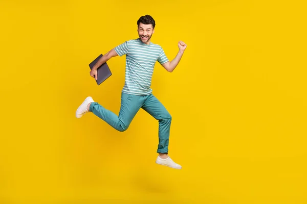 Full Length Photo Ecstatic Handsome Man Wear Striped Shirt Blue — Stockfoto