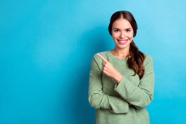 Photo Pretty Cheerful Person Indicate Finger Empty Space Isolated Blue — Zdjęcie stockowe