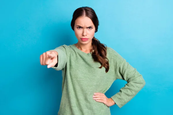 Photo Unsatisfied Furious Girl Pointing Finger Camera You Blame Accuse — Foto de Stock