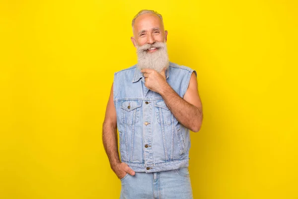 Photo Cool Charming Retired Guy Wear Jeans Waistcoat Smiling Hand —  Fotos de Stock