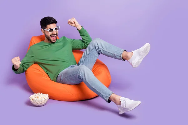 Full Body Photo Young Latin Man Sit Soft Beanbag Raise — Stockfoto