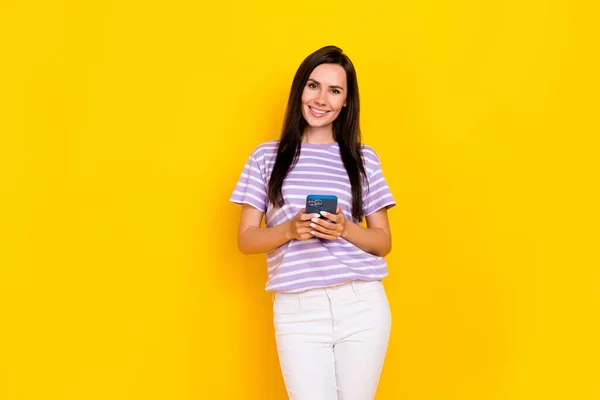 Portrait Pretty Lovely Satisfied Lady Arm Hold New Quality Telephone — Stock Photo, Image