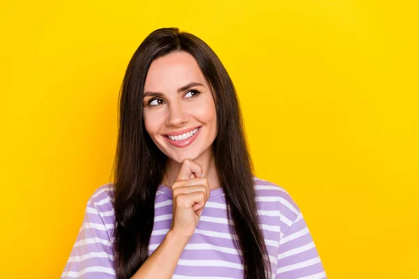 Closeup Photo Young Attractive Woman Wear Striped Shirt Touch Chin — Fotografia de Stock