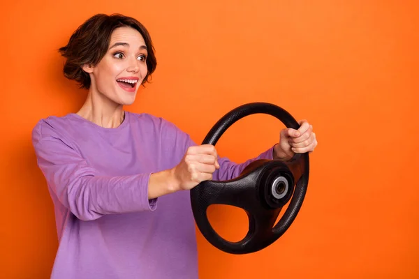 Profile Photo Impressed Positive Girl Hold Wheel Look Excited Empty — Stok fotoğraf