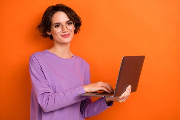 Photo Sweet Confident Lady Wear Violet Sweatshirt Spectacles Typing Modern — Fotografia de Stock