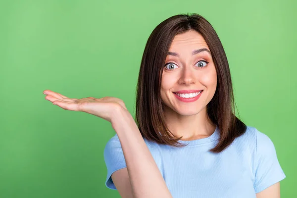 Portrait Positive Nice Lady Hand Palm Hold Empty Space Toothy — Fotografia de Stock