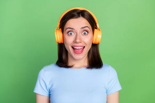 Portrait Astonished Cheerful Girl Open Mouth Have Good Mood Enjoy — Stock fotografie