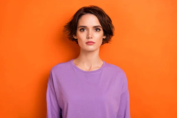 Photo Serious Confident Young Lady Wear Violet Sweatshirt Isolated Orange — Foto de Stock