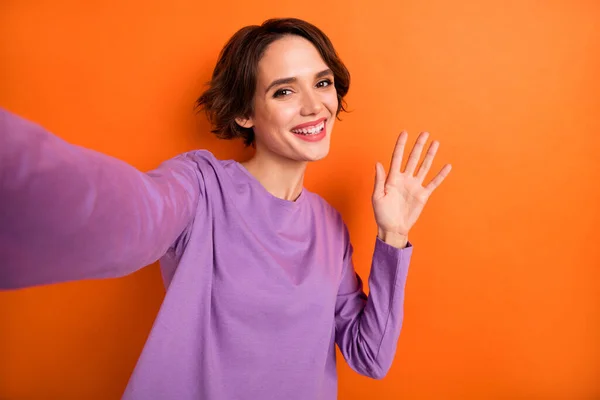 Portrait Pretty Positive Lady Make Selfie Arm Palm Waving Have — Fotografia de Stock