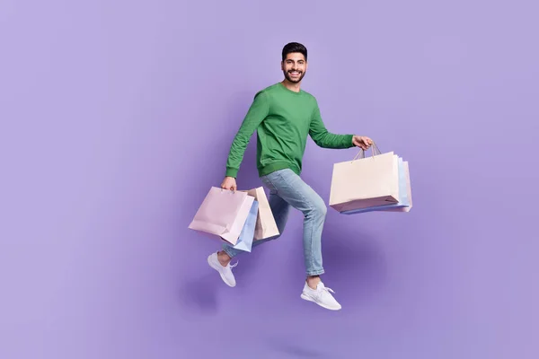 Full Length Photo Handsome Latin Guy Hold Shopping Bags Carry — Foto de Stock