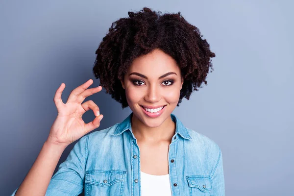 Photo of charming positive person hand fingers show okey symbol feedback isolated on grey color background.