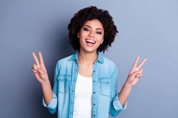 Portrait Pretty Positive Lady Toothy Smile Arms Fingers Demonstrate Sign — Stockfoto