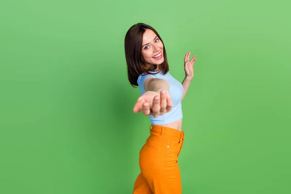 Profile Portrait Adorable Positive Girl Raise Arm Palm Invite You — Stockfoto