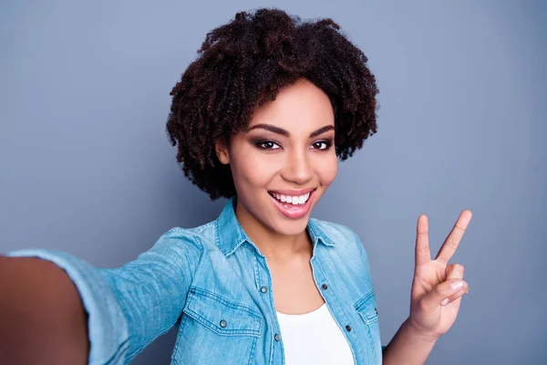Portrait Cheerful Charming Lady Take Selfie Hand Fingers Demonstrate Sign — Foto Stock