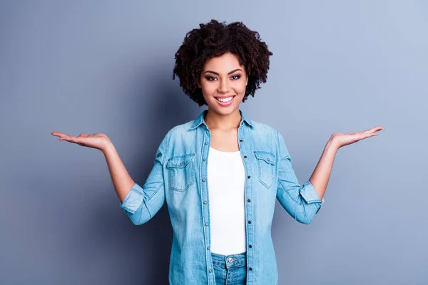 Portrait Cheerful Positive Girl Stylish Jeans Outfit Open Arms Palms — Stock Photo, Image