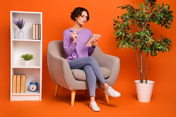 Full Size Portrait Focused Intelligent Lady Sitting Cozy Chair Hold — ストック写真