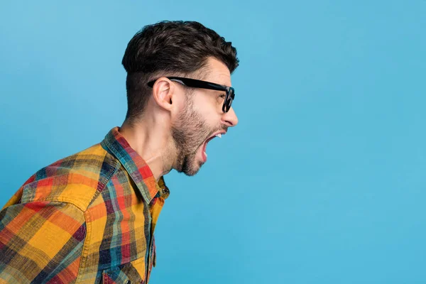 Side Profile Photo Angry Stylish Millennial Guy Spectacles Dressed Checkered — ストック写真