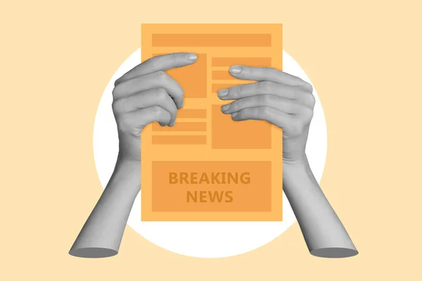 Collage Photo Holding Hands Newspaper Reading Breaking News Wow Omg — Foto Stock