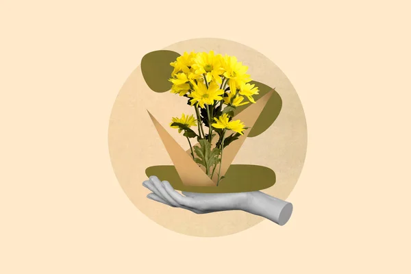 Vertical Collage Portrait Arm Palm Hold Demonstrate Growing Yellow Flower — Stockfoto