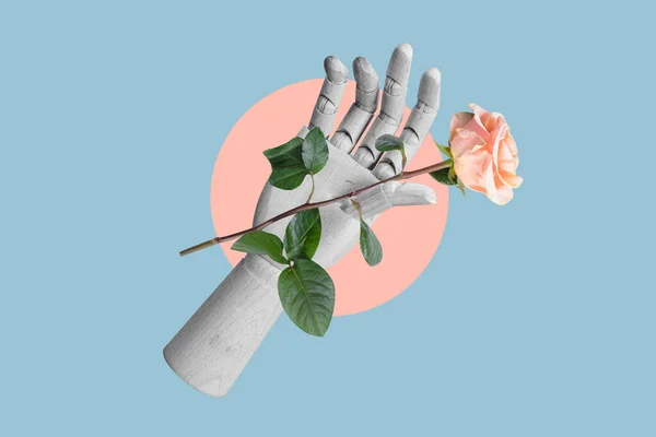 Collage Photo Wooden Hand Hold Beautiful Little Rose Floristic Surrealism — Stock Photo, Image