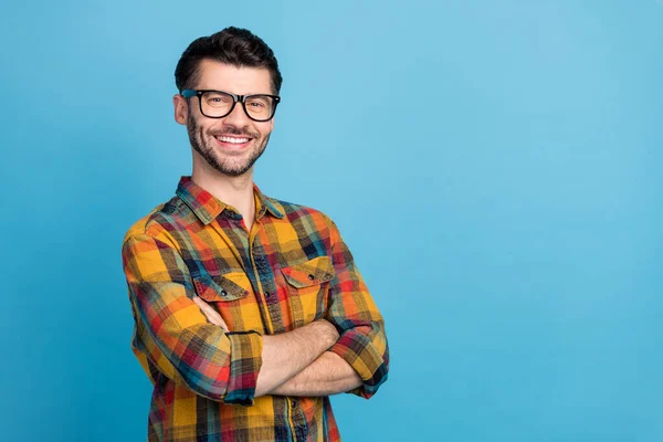 Photo Smart Cheerful Confident Guy Eyewear Dressed Checkered Shirt Arms — Fotografia de Stock