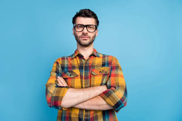 Portrait Confident Serious Handsome Man Dressed Checkered Shirt Specs Arms — Stockfoto
