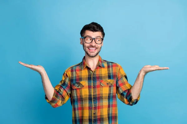 Photo Funky Brunet Guy Hold Look Empty Space Wear Eyewear — Fotografia de Stock