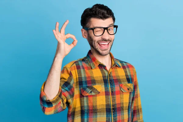 Photo Flirty Handsome Cheerful Guy Eyeglasses Dressed Checked Shirt Showing — Fotografia de Stock